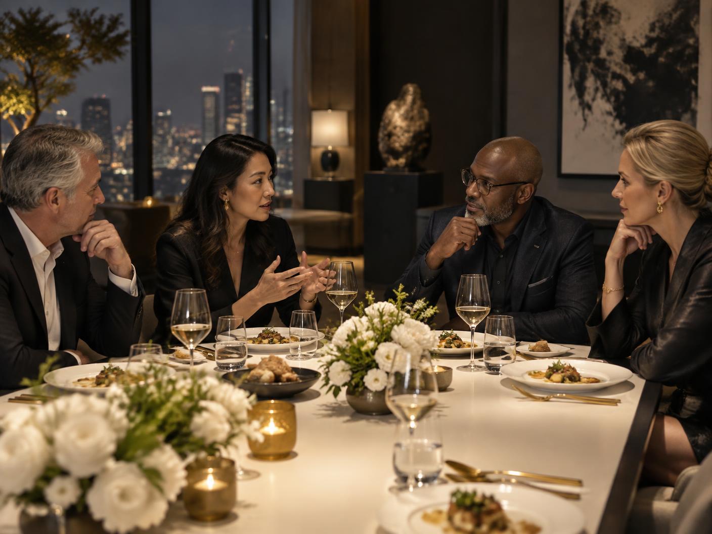 Executive guests in conversation at an intimate private dinner