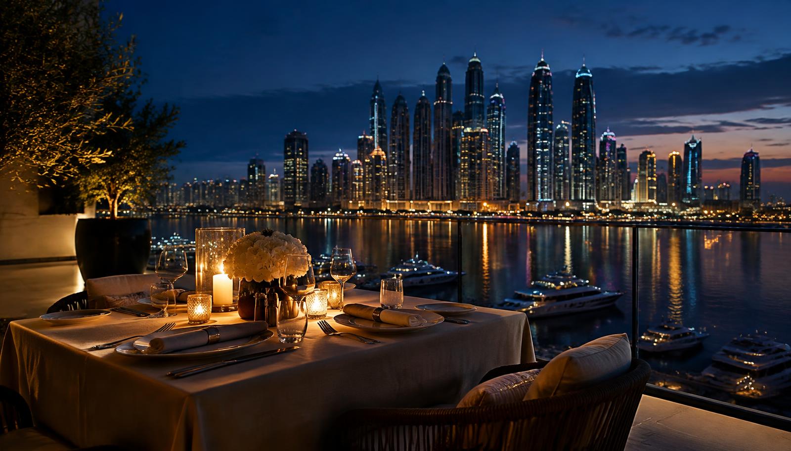Private dinner terrace overlooking a waterfront skyline at dusk