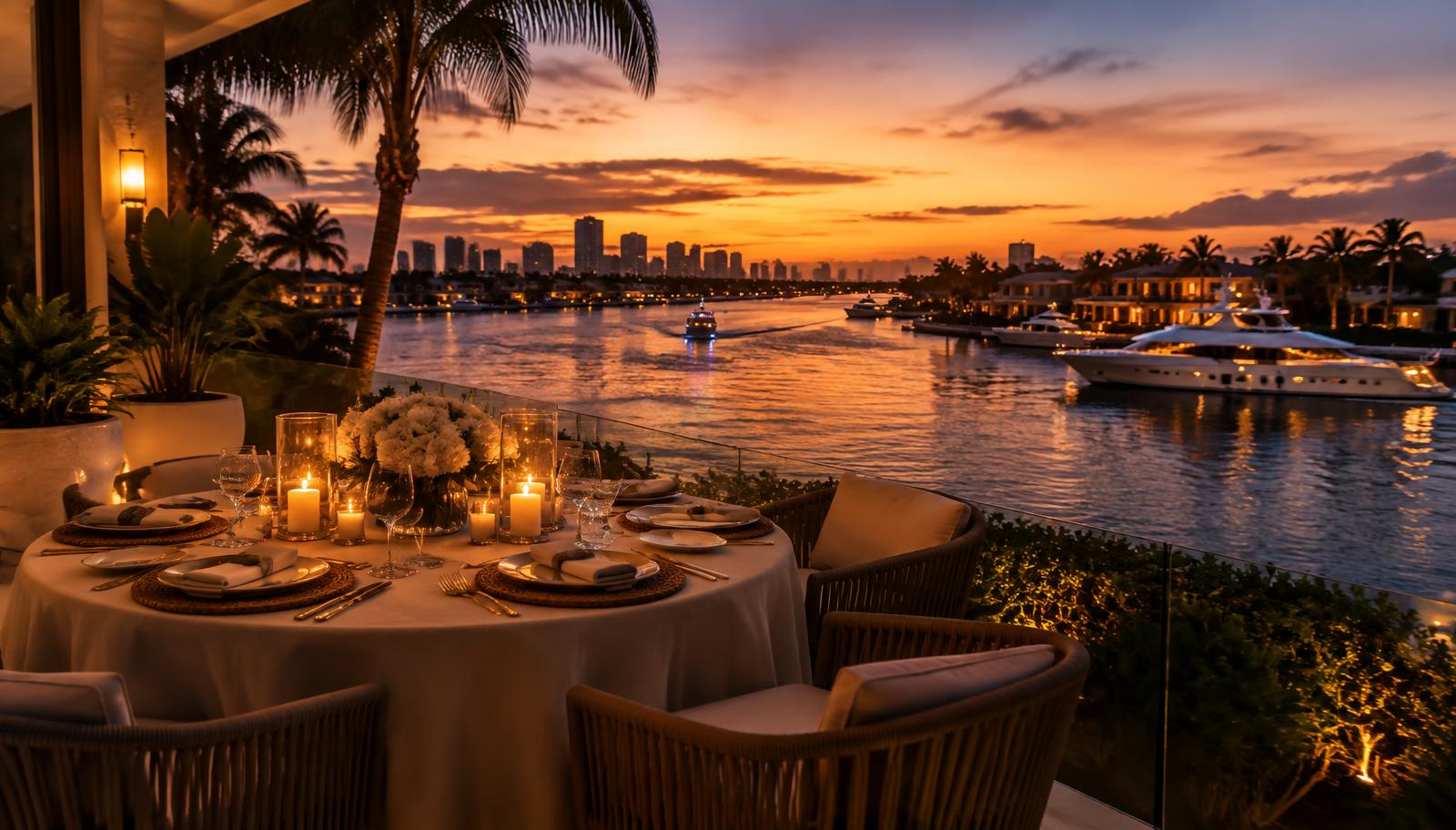 Private terrace dinner overlooking yachts on the Fort Lauderdale intracoastal