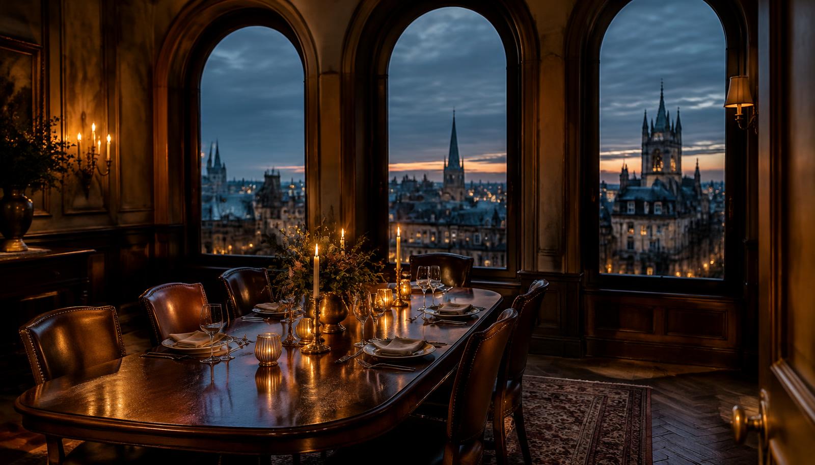 Candlelit private dining room with tall windows overlooking rooftops at dusk