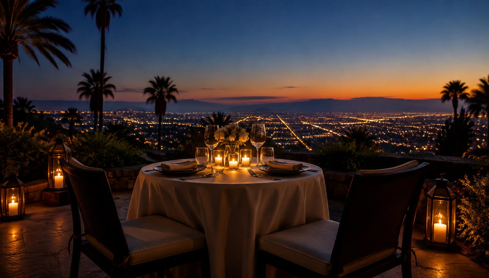 Candlelit terrace dinner above a hillside city at twilight