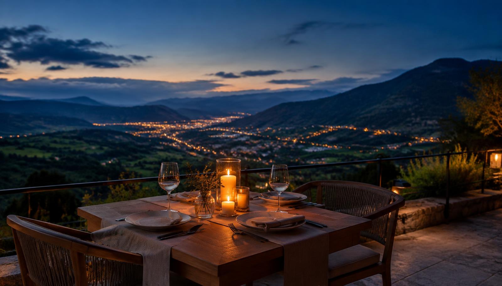Candlelit dinner terrace overlooking a mountain valley city at dusk
