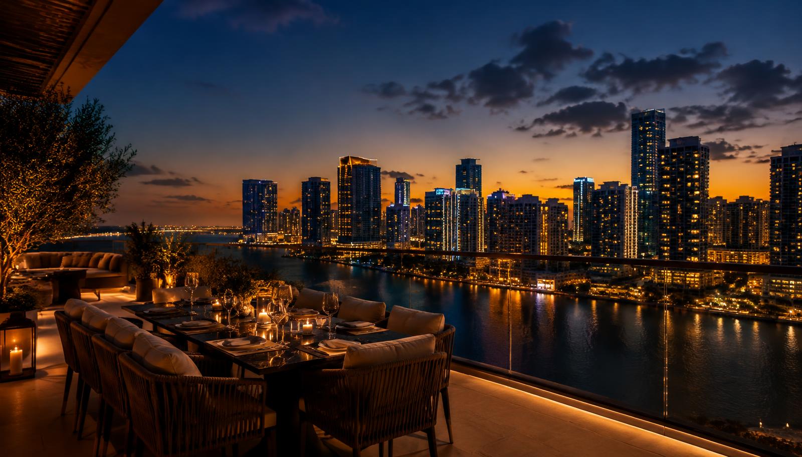 Candlelit rooftop dinner table overlooking the Brickell skyline at dusk