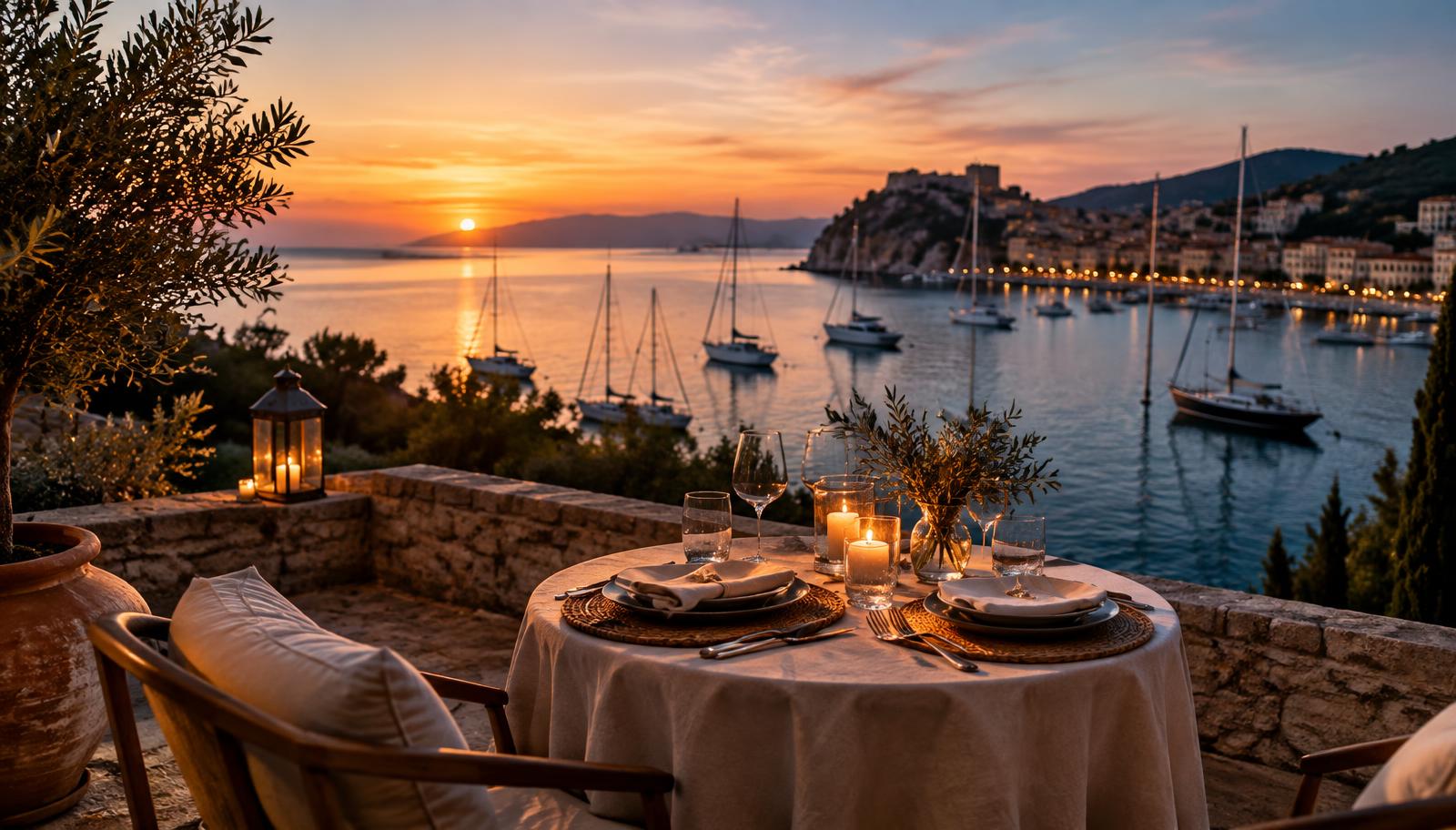 Candlelit dinner terrace above a Mediterranean harbour at sunset