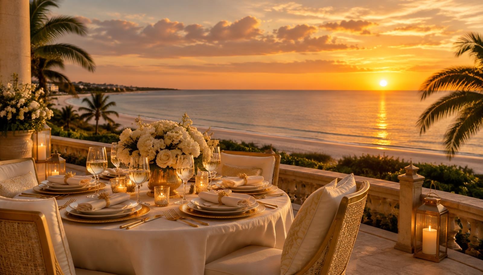 Gold-accented dinner table on a terrace above the Gulf at sunset