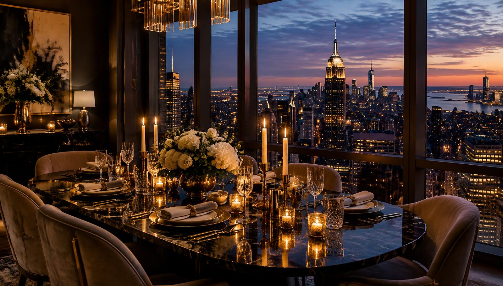 Candlelit penthouse dinner table overlooking the Manhattan skyline at twilight