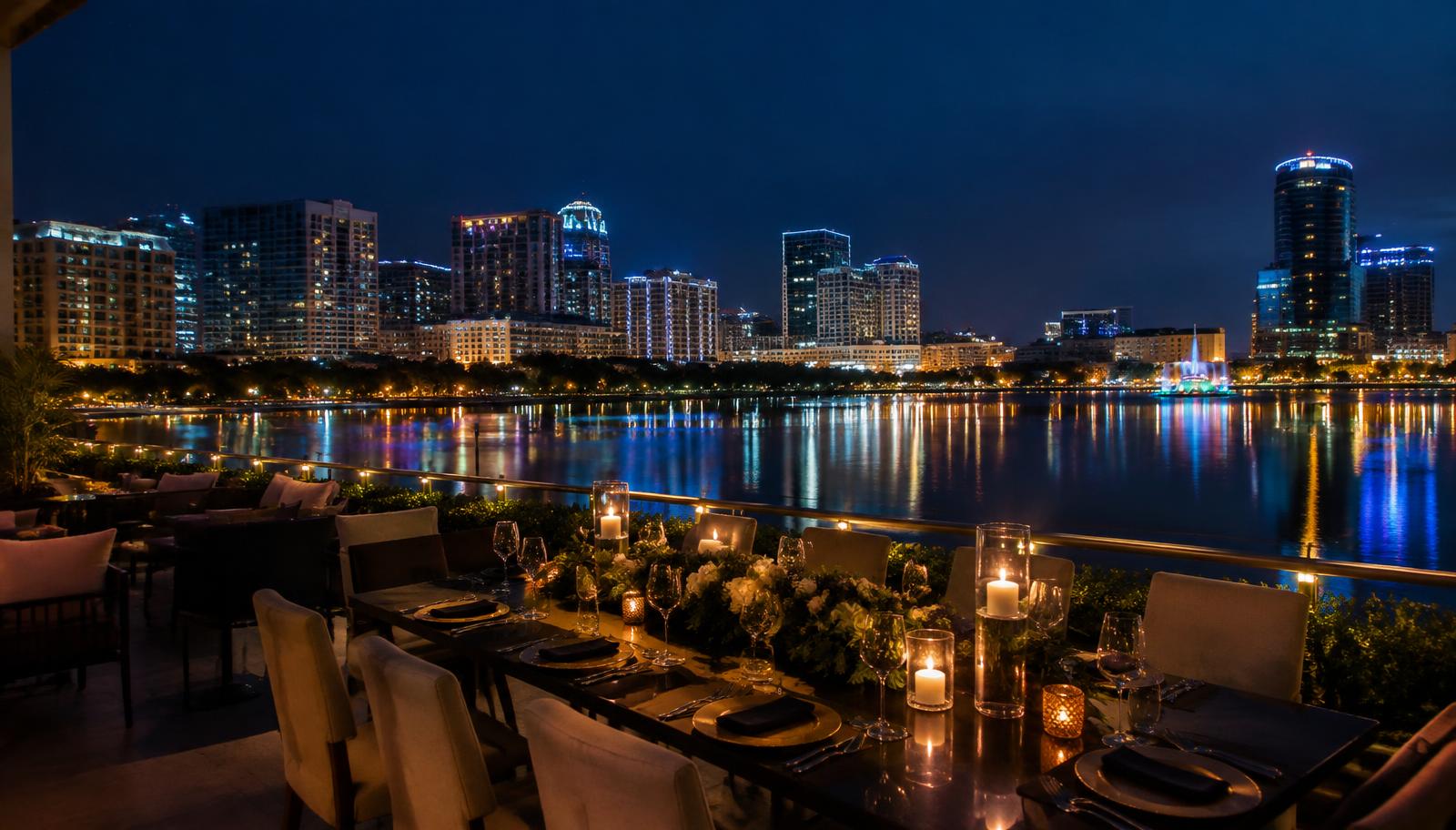 Candlelit terrace dinner overlooking downtown Orlando and Lake Eola