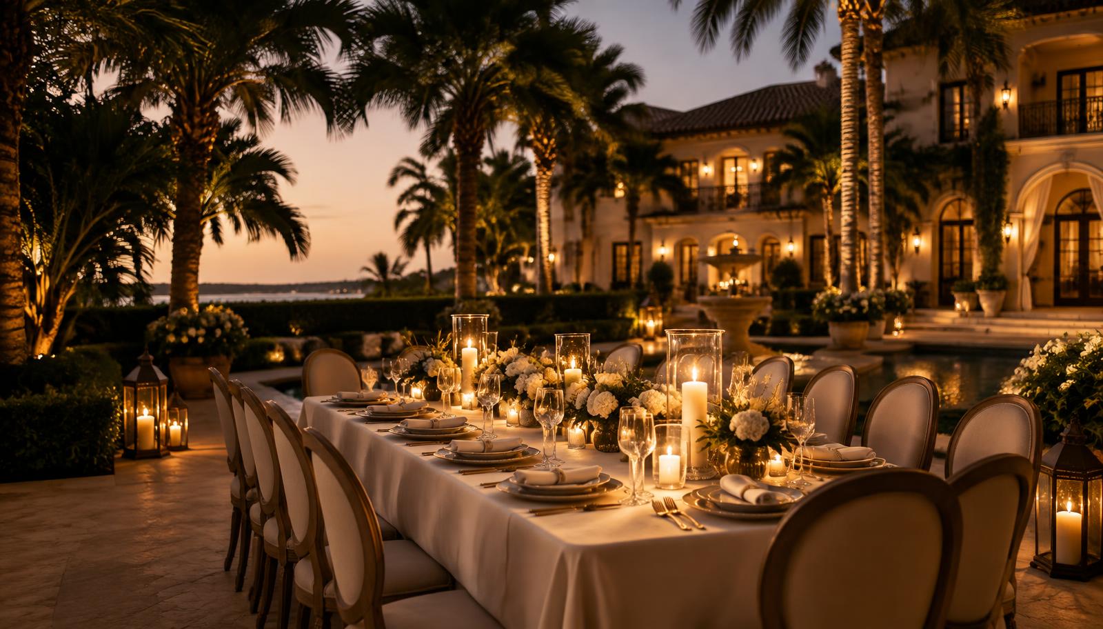 Long candlelit dinner table in a Palm Beach estate courtyard