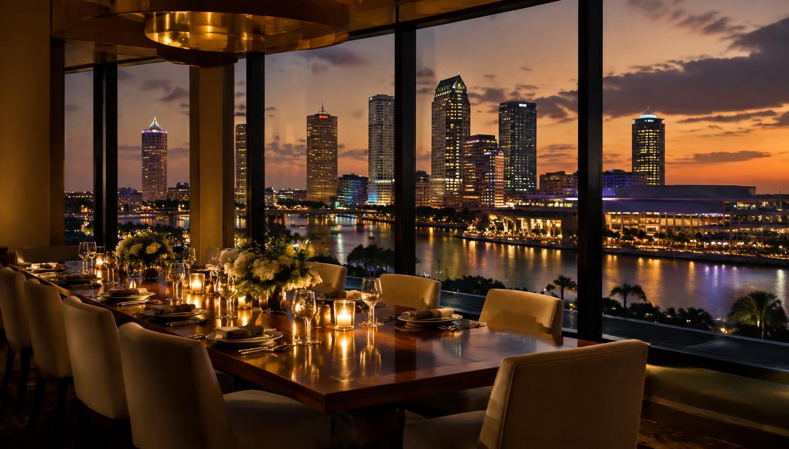 Private dining room overlooking the Tampa skyline at twilight