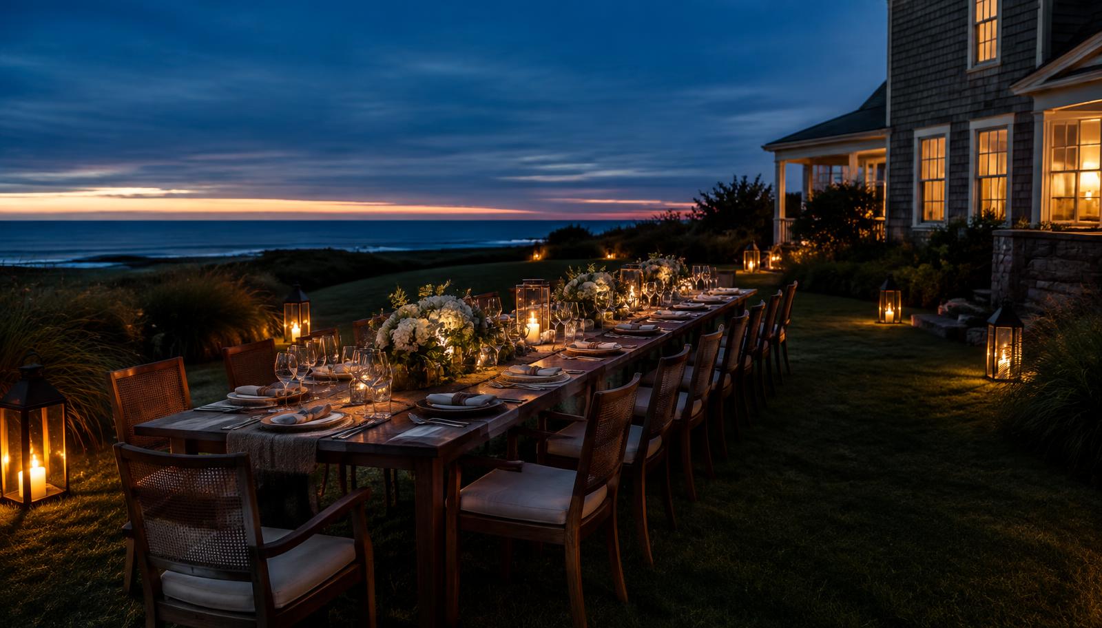 Candlelit dinner table on the lawn of a coastal estate at dusk