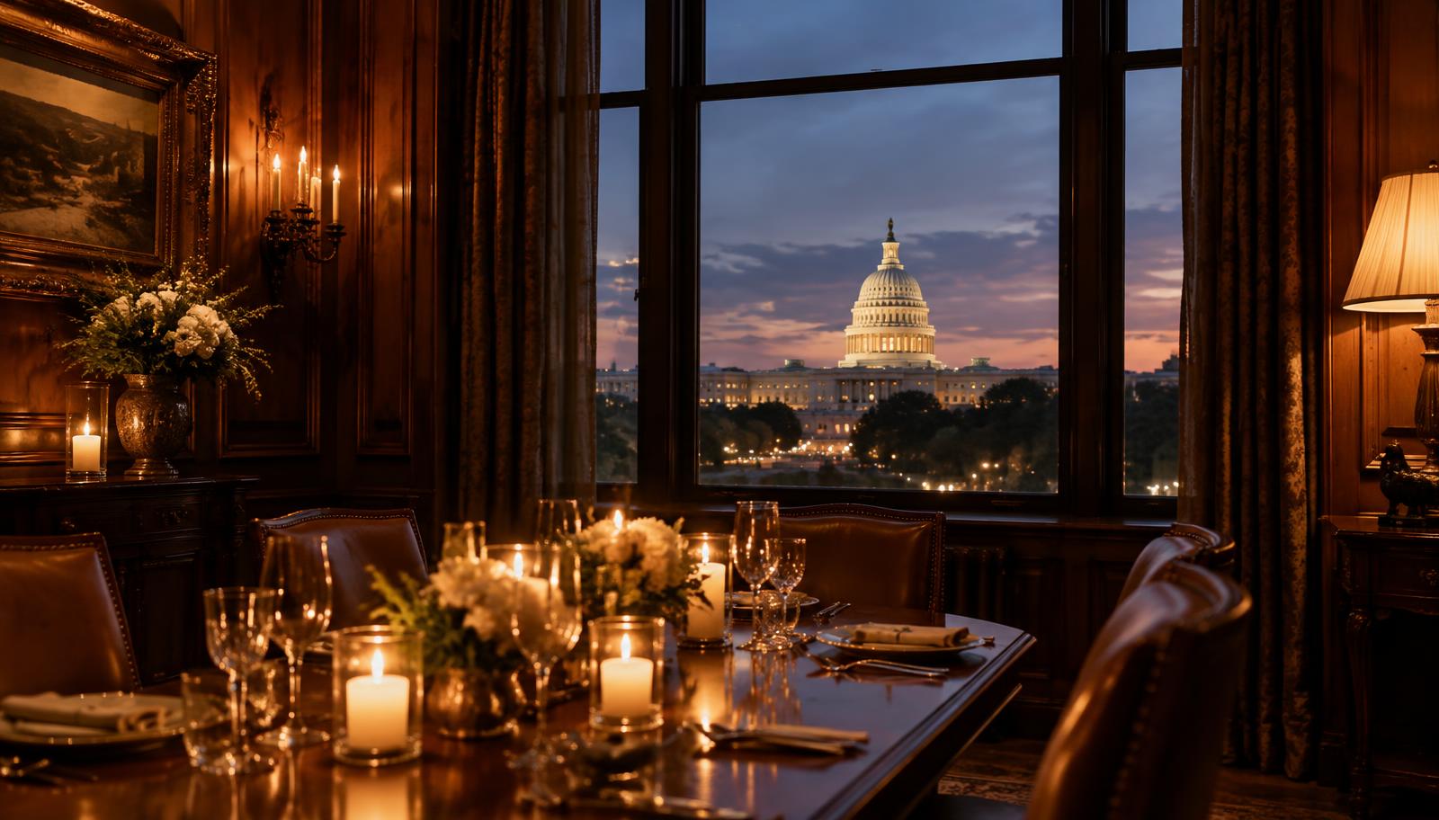 Wood-paneled private dining room with the Capitol dome visible through the window